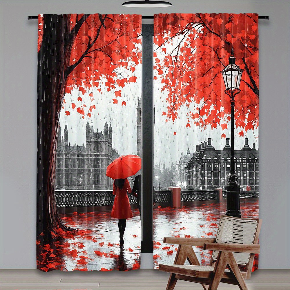 Home Office London - Romantic Autumn Red Leaves Curtains Fall