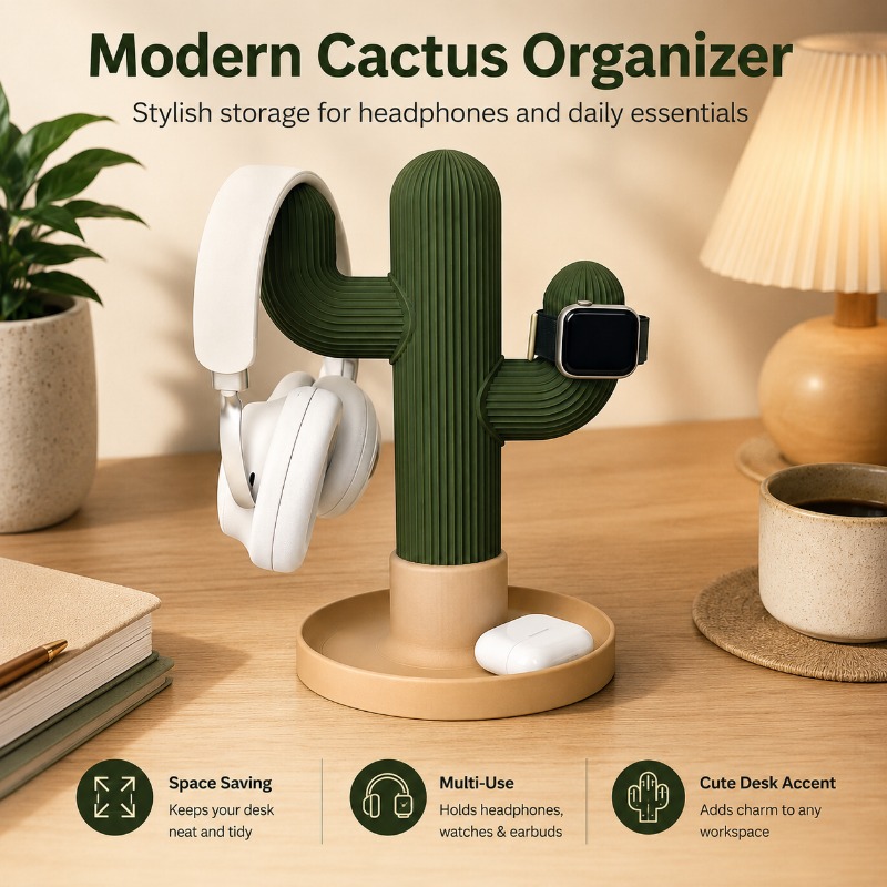 Home Office Organization - Minimalist Cactus Headset Stand Multi Use